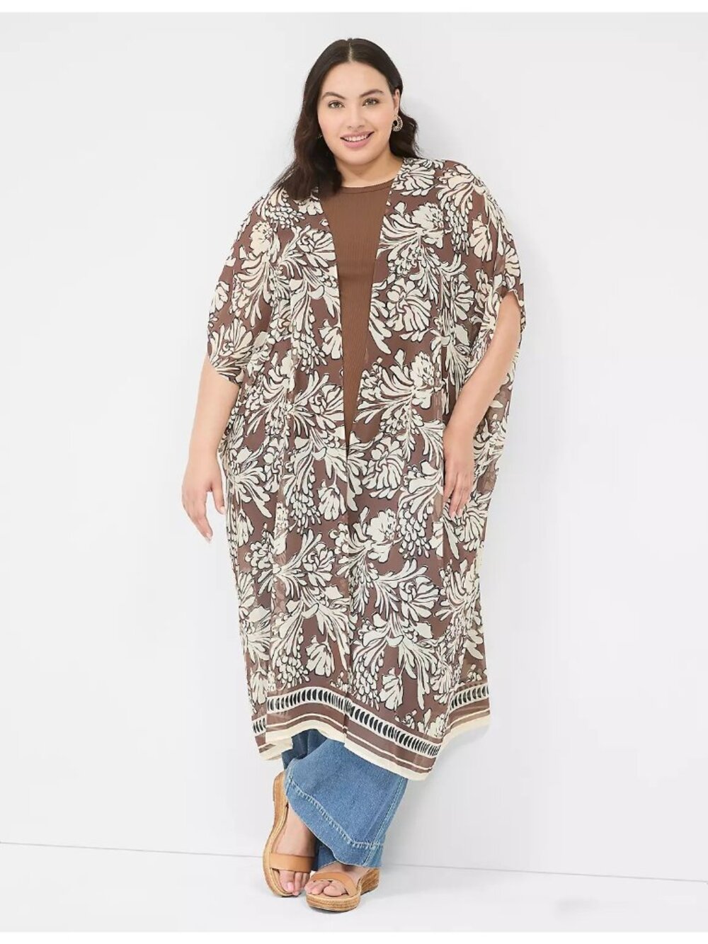 Lane Bryant One Size Maxi Chiffon Over Piece Brown White Sheer Boho Summer Fall